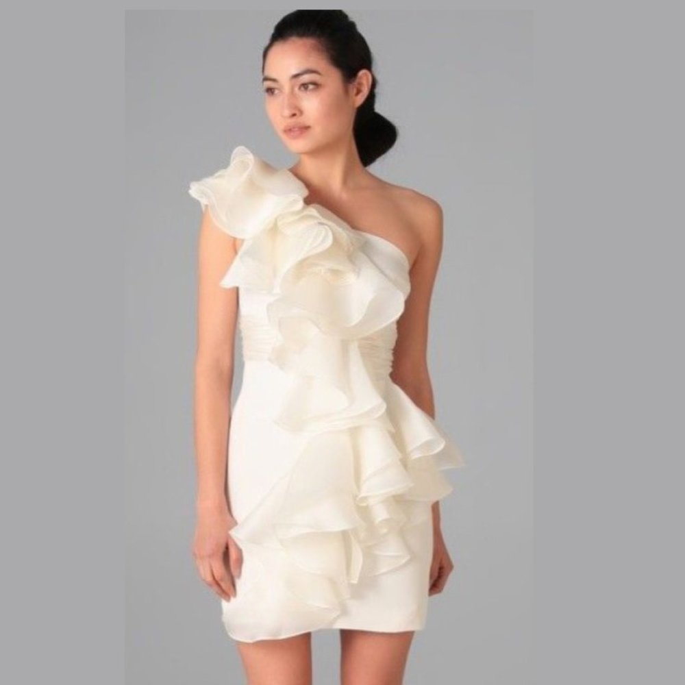 Marchesa Notte Silk One Shoulder Ruffle Mini Dress Size 6